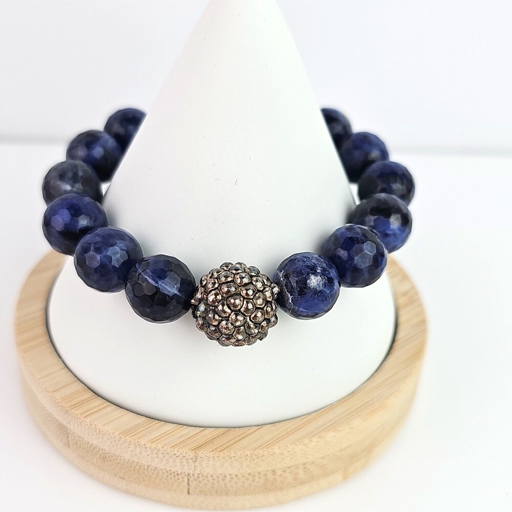 Blue Faceted Sodalite Round Bead Stretch Bracelet Sterling Silver Ball Cluster